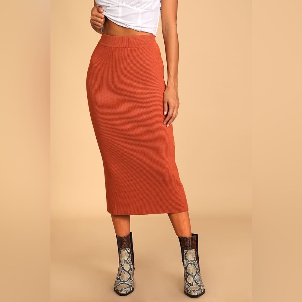 Lulu's Seasonal Fave Rust Orange Ribbed Knit Midi Sweater Skirt